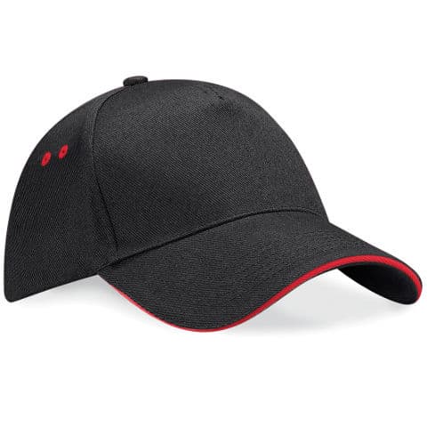 Beechfield Ultimate Cotton Cap with Sandwich Peak — Black/Classic Red